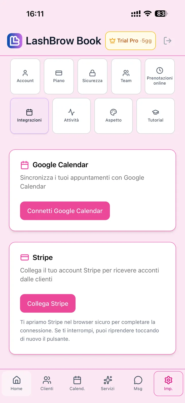 La card Stripe in Impostazioni Integrazioni con il pulsante Collega Stripe