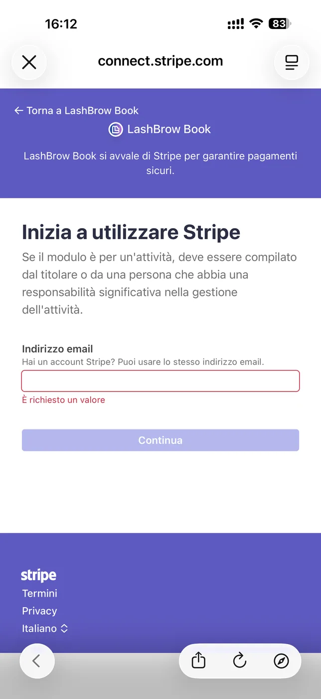 La pagina Stripe che chiede l’indirizzo email, con l’intestazione LashBrow Book
