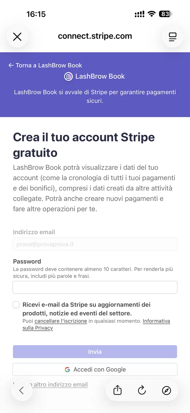 La schermata di creazione account Stripe con password e Accedi con Google