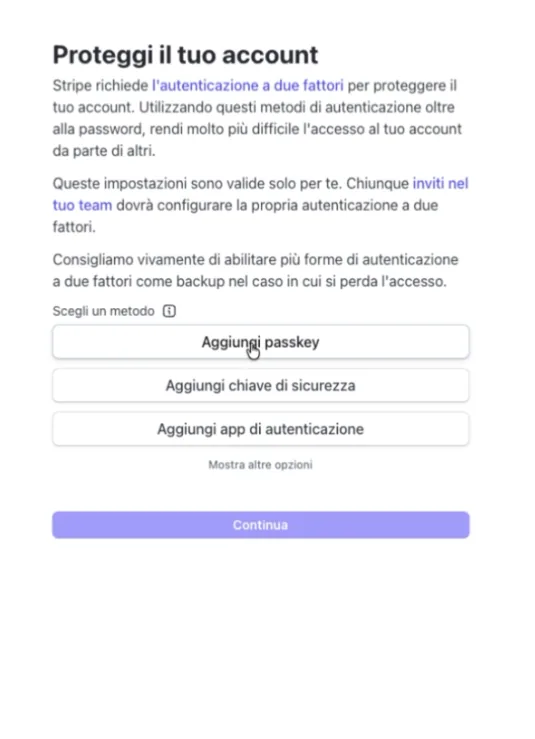 La schermata Proteggi il tuo account con i metodi di sicurezza