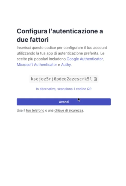 La schermata di configurazione dell’app di autenticazione con il codice da copiare