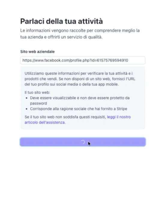Il campo del sito web aziendale con il link del profilo Facebook