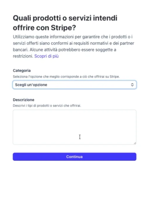 La schermata con la categoria del prodotto e il campo descrizione