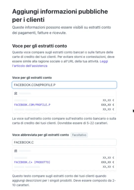 Il campo Voce per gli estratti conto precompilato con FACEBOOK.COM