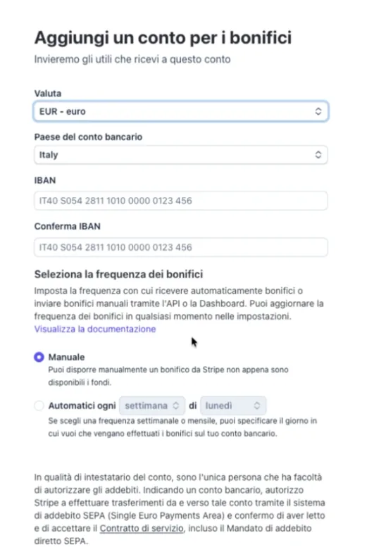 Il modulo con IBAN, conferma IBAN e la scelta della frequenza dei bonifici