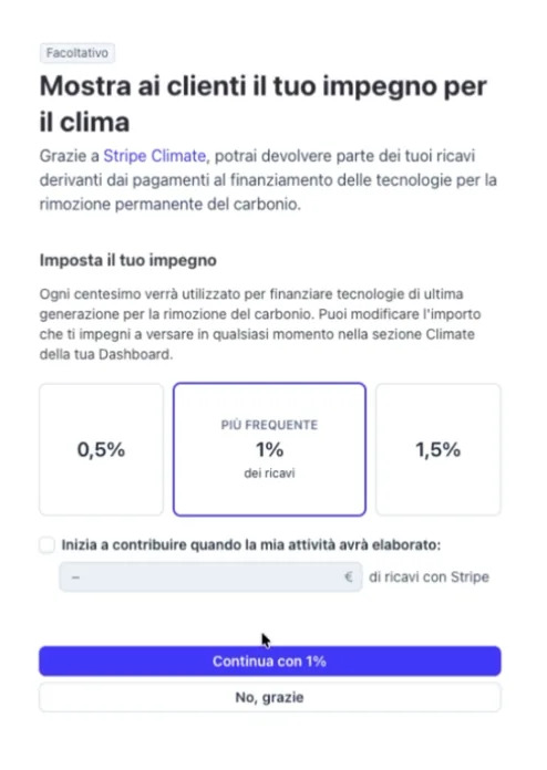 La schermata di Stripe Climate con le percentuali di donazione