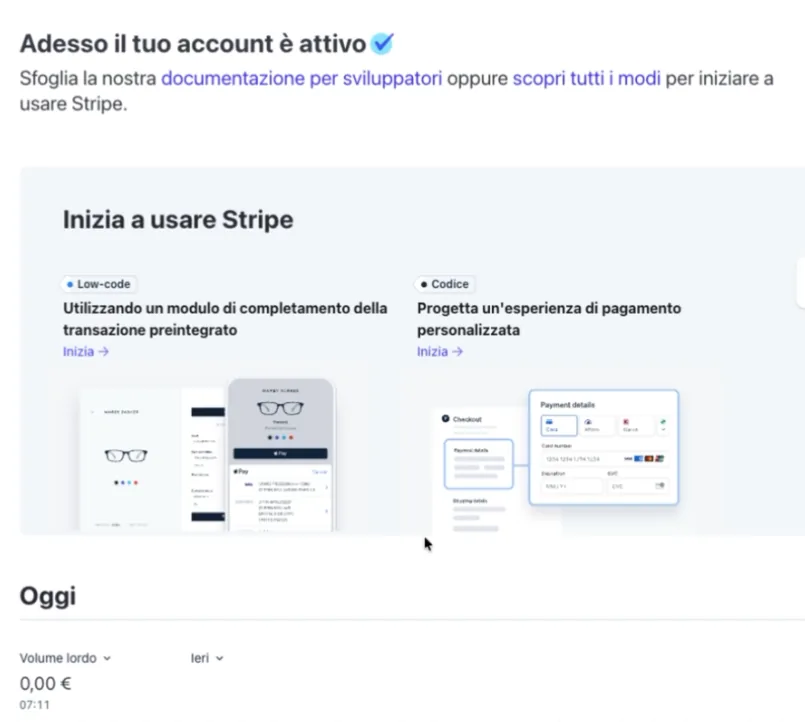 La schermata di Stripe con la scritta Adesso il tuo account è attivo