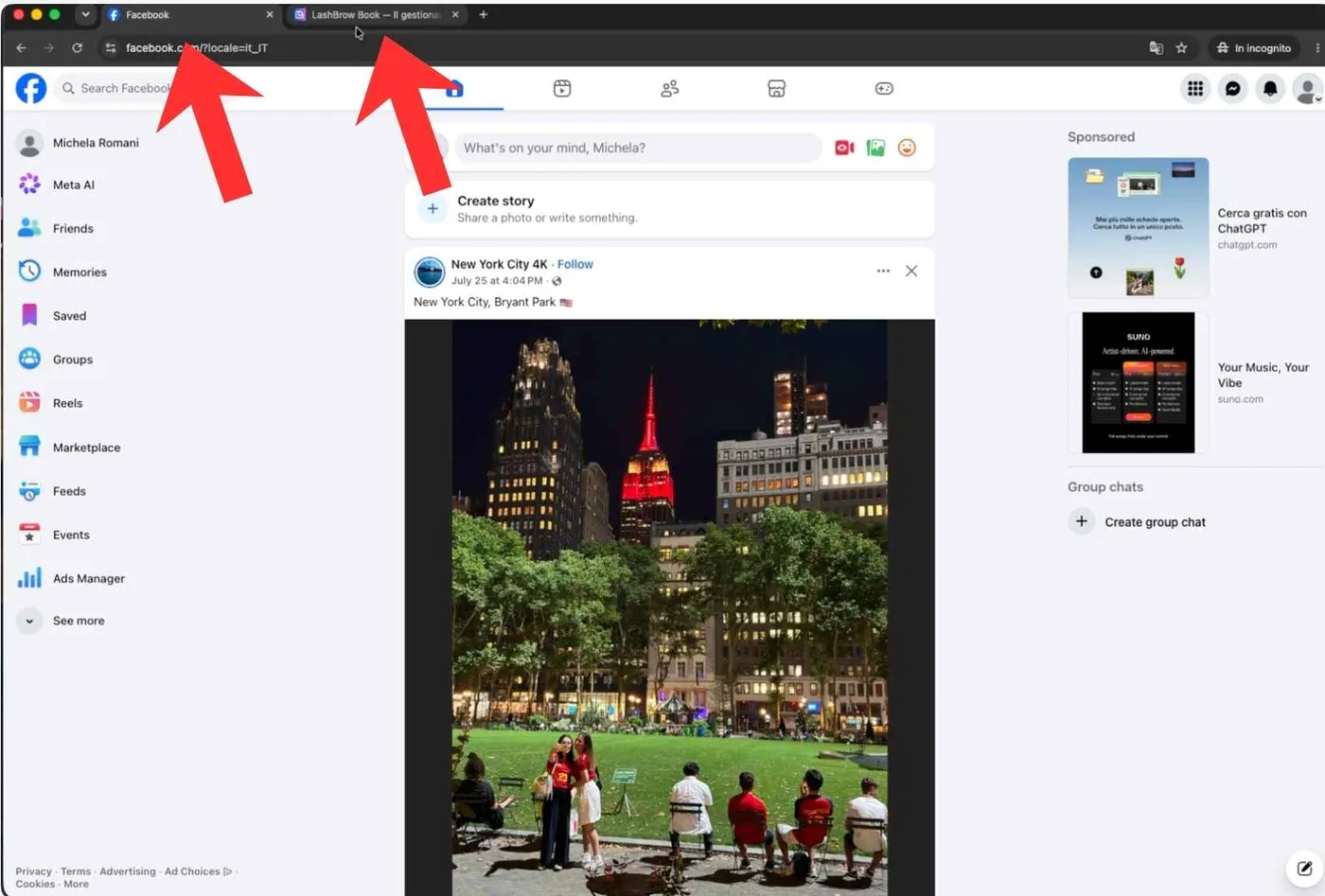 Due schede aperte in Chrome: Facebook con il login fatto e LashBrowBook
