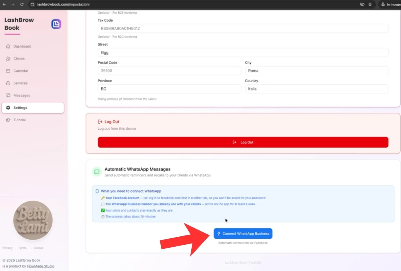 La pagina Impostazioni con il pulsante Collega WhatsApp Business