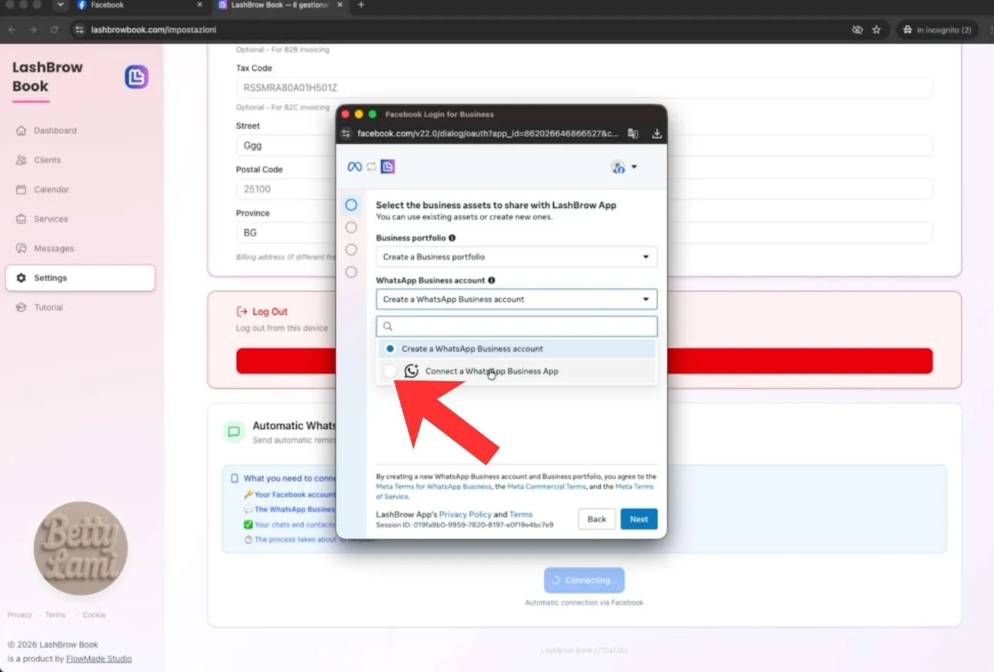 La scelta dell'account WhatsApp: Connect a WhatsApp Business App