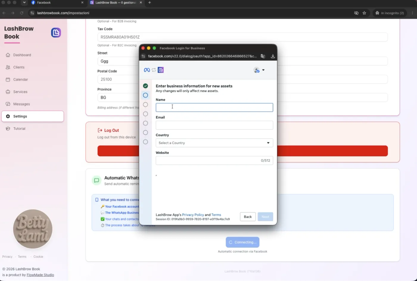 Modulo dati aziendali: nome, email, paese, sito web
