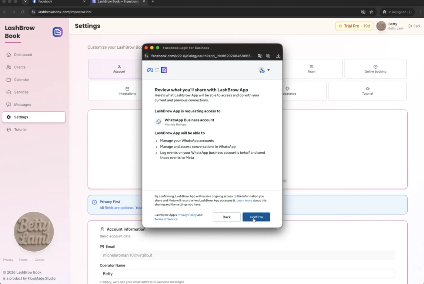 Riepilogo dei permessi: Review what you'll share with LashBrow App