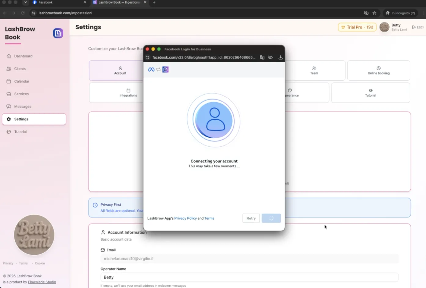 Schermata Connecting your account: attendere