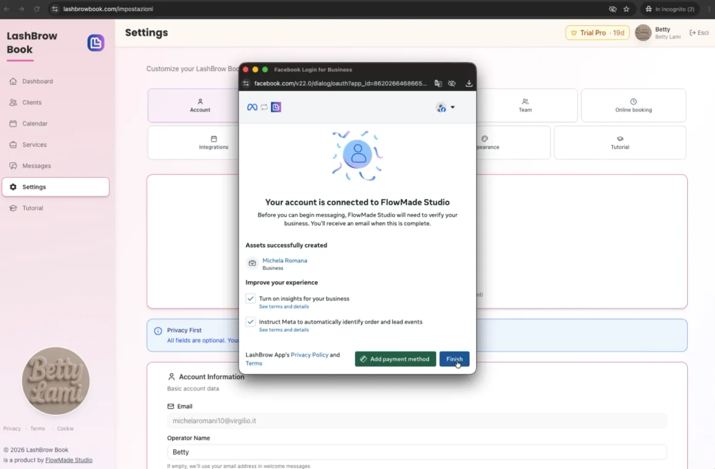 Schermata di successo: account collegato a FlowMade Studio