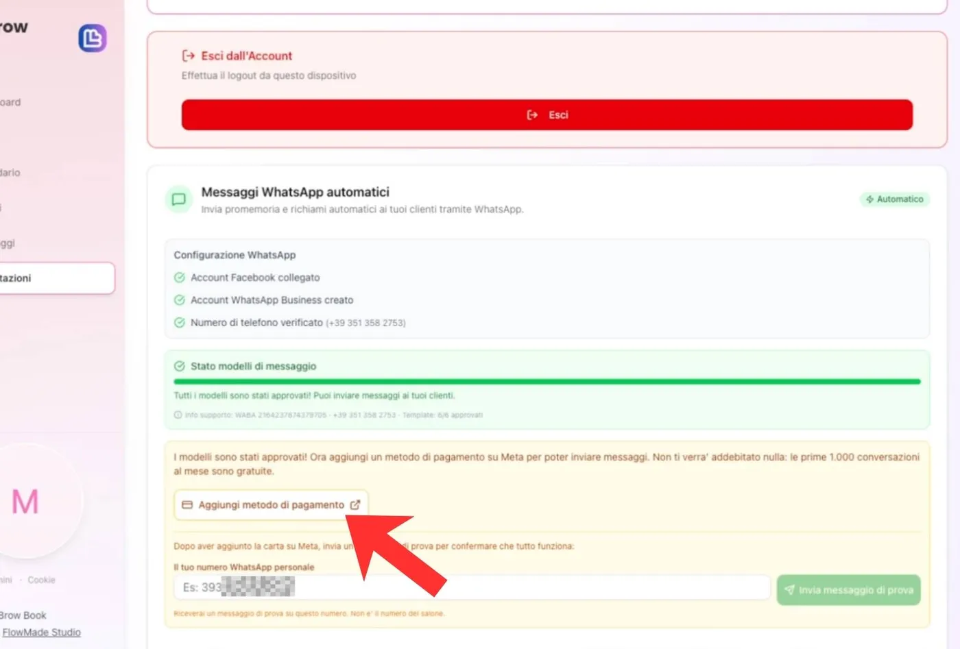 Stato modelli verde e pulsante Aggiungi metodo di pagamento