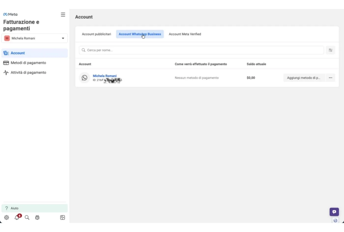Fatturazione e pagamenti: scheda Account WhatsApp Business