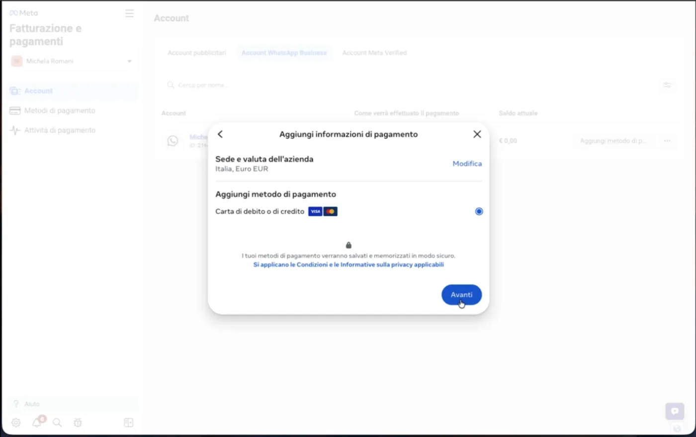 Riepilogo metodo di pagamento con carta selezionata