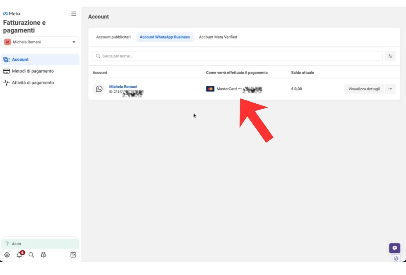 La carta compare come metodo di pagamento dell'account